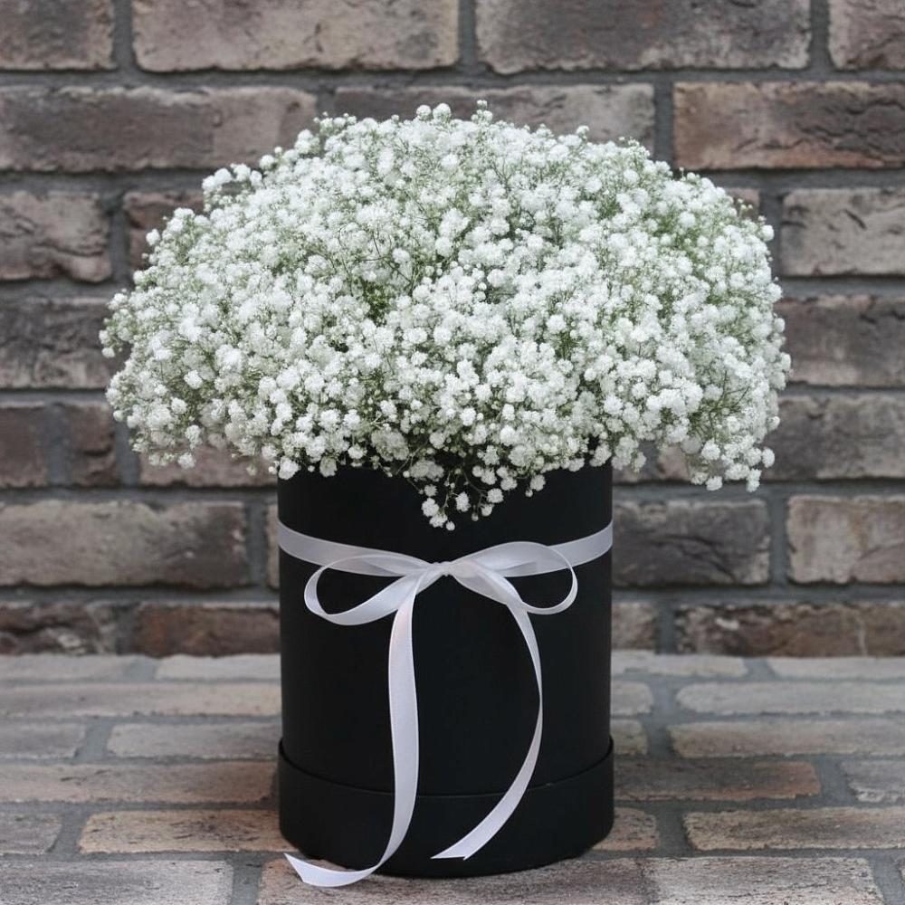 Цветочная композиция из Гипсофила в шляпной коробке в Куйбышево Ростовская область