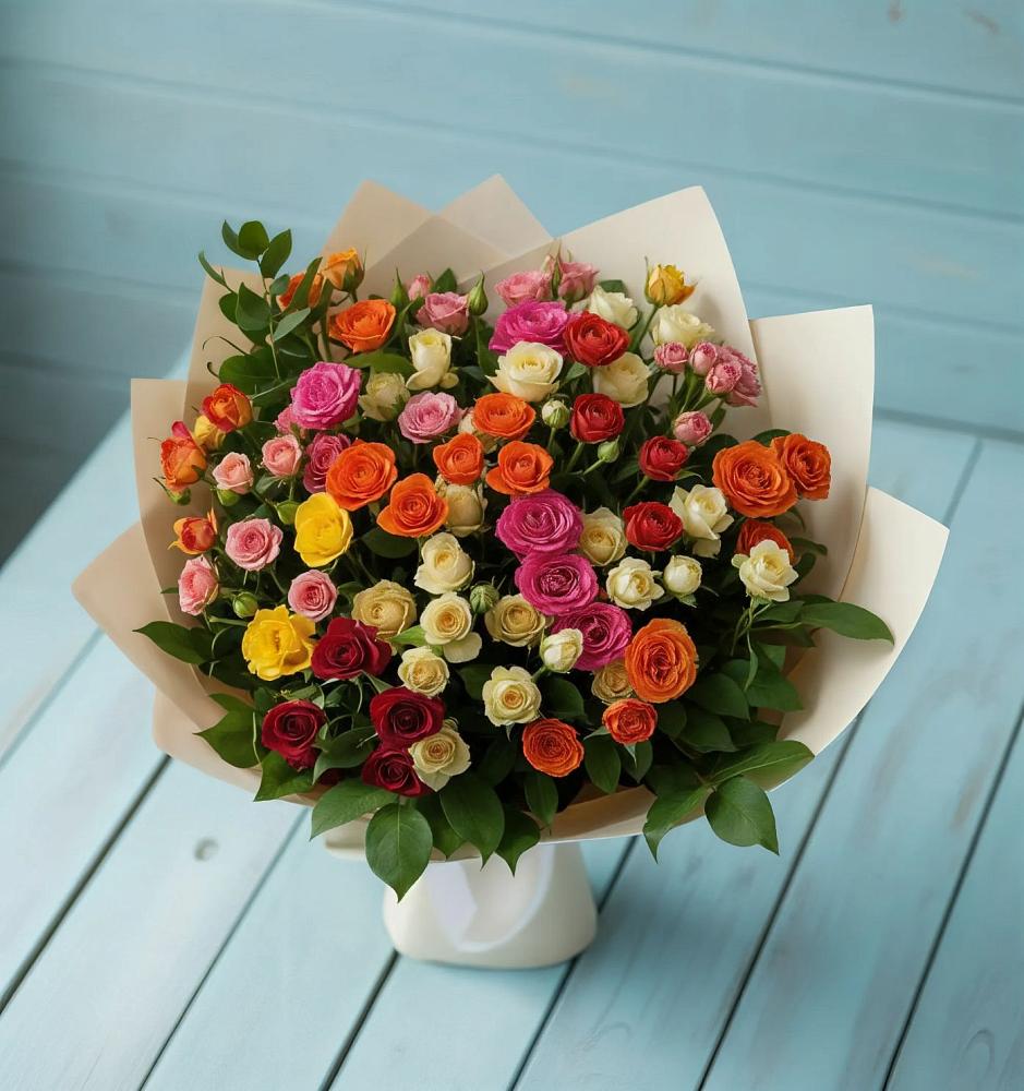 Букет Микс из разноцветных кустовых роз в Куйбышево Ростовская область