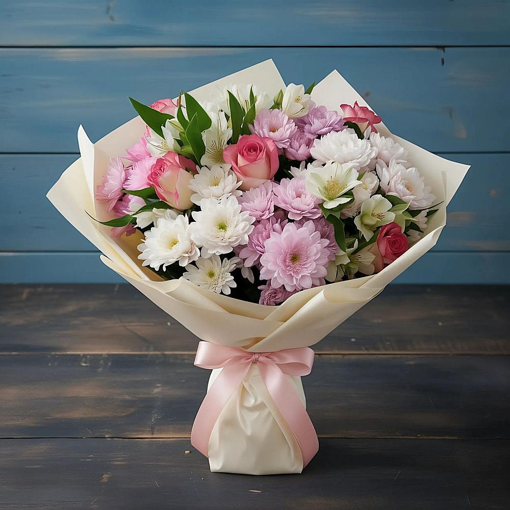 Букет цветов из: Хризантемы, Альстромерии и Розы в Куйбышево Ростовская область